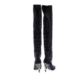 Pre Owned Tom Ford Black Leather/Lace Peep Toe Over The Knee Boots Size 37.5