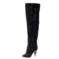 Pre Owned Tom Ford Black Leather/Lace Peep Toe Over The Knee Boots Size 37.5
