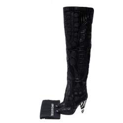 Pre Owned Tom Ford Black Leather/Lace Peep Toe Over The Knee Boots Size 37.5