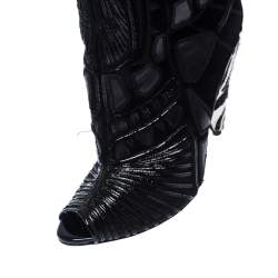 Pre Owned Tom Ford Black Leather/Lace Peep Toe Over The Knee Boots Size 37.5