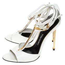 Tom Ford White Leather Gold-Tone Embellished T-Strap Open Toe Sandals Size 38
