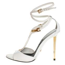 Tom Ford White Leather Gold-Tone Embellished T-Strap Open Toe Sandals Size 38