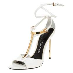 Tom Ford White Leather Gold-Tone Embellished T-Strap Open Toe Sandals Size 38