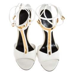 Tom Ford White Leather Gold-Tone Embellished T-Strap Open Toe Sandals Size 38
