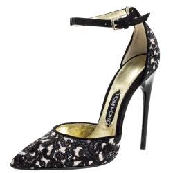 Tom Ford Beige/Black Embroidered Suede D'Orsay Pointed Toe Ankle Strap Pumps Size 38