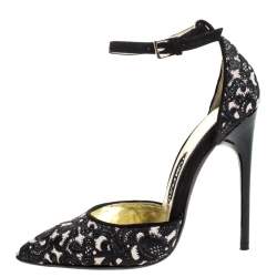 Tom Ford Beige/Black Embroidered Suede D'Orsay Pointed Toe Ankle Strap Pumps Size 38