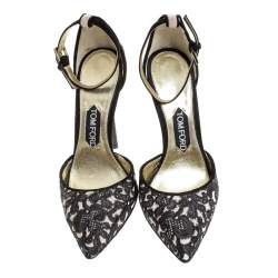 Tom Ford Beige/Black Embroidered Suede D'Orsay Pointed Toe Ankle Strap Pumps Size 38