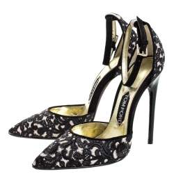 Tom Ford Beige/Black Embroidered Suede D'Orsay Pointed Toe Ankle Strap Pumps Size 38