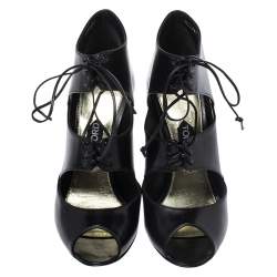 Tom Ford Black Leather Peep Toe Ankle Booties Size 39