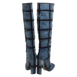 Tom Ford Denim Fabric And Leather Trim Patchwork Knee Length Boots Size 39