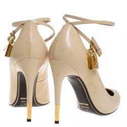 Tom Ford Beige Patent Leather Padlock Ankle Wrap Pointed Toe Pumps Size 40