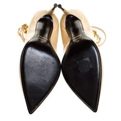 Tom Ford Beige Patent Leather Padlock Ankle Wrap Pointed Toe Pumps Size 40