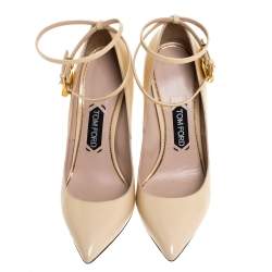 Tom Ford Beige Patent Leather Padlock Ankle Wrap Pointed Toe Pumps Size 40