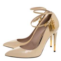 Tom Ford Beige Patent Leather Padlock Ankle Wrap Pointed Toe Pumps Size 40