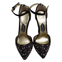 Tom Ford Beige/Black Embroidered Suede D'Orsay Pointed Toe Ankle Strap Pumps Size 41