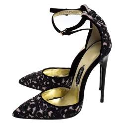 Tom Ford Beige/Black Embroidered Suede D'Orsay Pointed Toe Ankle Strap Pumps Size 41