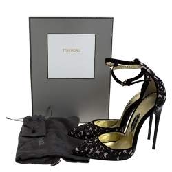 Tom Ford Beige/Black Embroidered Suede D'Orsay Pointed Toe Ankle Strap Pumps Size 41