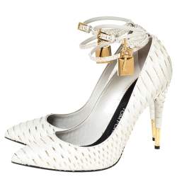 Tom Ford White Python Leather Padlock Ankle Strap Pointed Toe Pumps Size 38.5