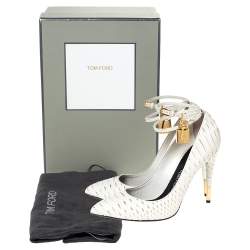 Tom Ford White Python Leather Padlock Ankle Strap Pointed Toe Pumps Size 38.5