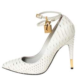 Tom Ford White Python Leather Padlock Ankle Strap Pointed Toe Pumps Size 38.5