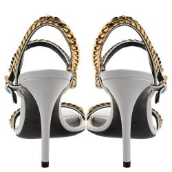 Pre Owned Tom Ford White Leather Chain Embellished Slingback Sandals Size 37