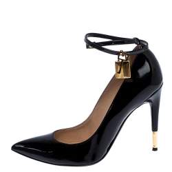 Tom Ford Black Leather Padlock Ankle-Wrap Pointed Toe Pumps Size 37
