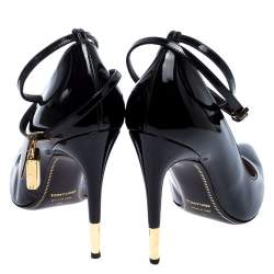 Tom Ford Black Leather Padlock Ankle-Wrap Pointed Toe Pumps Size 37