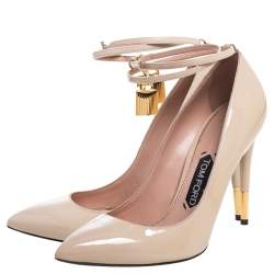 Pre Owned Tom Ford Beige Patent Leather Padlock Ankle Wrap Pointed Toe Pumps Size 38