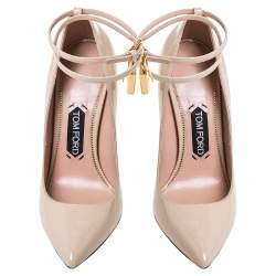 Pre Owned Tom Ford Beige Patent Leather Padlock Ankle Wrap Pointed Toe Pumps Size 38