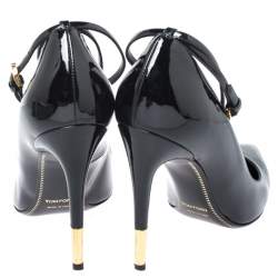 Pre Owned Tom Ford Black Patent Leather Padlock Ankle Wrap Pointed Toe Pumps Size 39.5