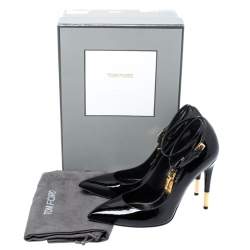 Pre Owned Tom Ford Black Patent Leather Padlock Ankle Wrap Pointed Toe Pumps Size 39.5