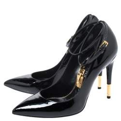 Pre Owned Tom Ford Black Patent Leather Padlock Ankle Wrap Pointed Toe Pumps Size 39.5