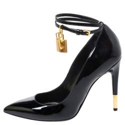 Pre Owned Tom Ford Black Patent Leather Padlock Ankle Wrap Pointed Toe Pumps Size 39.5