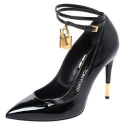 Pre Owned Tom Ford Black Patent Leather Padlock Ankle Wrap Pointed Toe Pumps Size 39.5