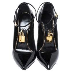 Pre Owned Tom Ford Black Patent Leather Padlock Ankle Wrap Pointed Toe Pumps Size 39.5