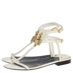 Tom Ford White Patent Leather T Strap Padlock Flat Sandals Size 37.5