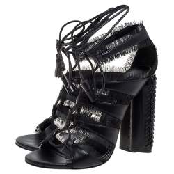Tom Ford Black Leather Fringes Gladiator Tassel Ankle Wrap Sandals Size 36.5