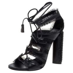 Tom Ford Black Leather Fringes Gladiator Tassel Ankle Wrap Sandals Size 36.5