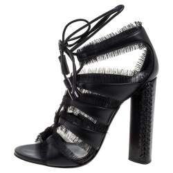 Tom Ford Black Leather Fringes Gladiator Tassel Ankle Wrap Sandals Size 36.5