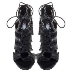 Tom Ford Black Leather Fringes Gladiator Tassel Ankle Wrap Sandals Size 36.5