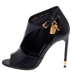 Tom Ford Black Leather Padlock Peep Toe Booties Size 37