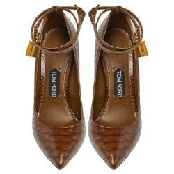 مملوكة مسبقًا Tom Ford Brown Python Leather Ankle Strap Pumps Size 39