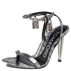 Tom Ford Silver Embossed Leather Padlock Pointy Naked Sandals Size 37