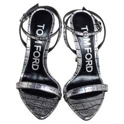 Tom Ford Silver Embossed Leather Padlock Pointy Naked Sandals Size 37