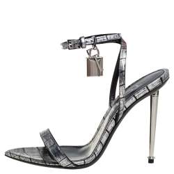 Tom Ford Silver Embossed Leather Padlock Pointy Naked Sandals Size 37