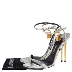 Pre Owned Tom Ford Metallic Silver Leather Padlock Ankle Strap Sandals Size 39