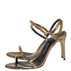 Tom Ford Metallic Gold Python Leather Chain Embellished Slingback Sandals Size 38.5