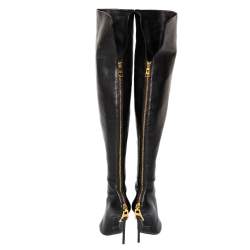 Pre Owned Tom Ford Black Leather Over the Knee Zipper Embellished Heel Boots Size 38