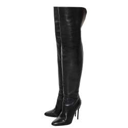 Pre Owned Tom Ford Black Leather Over the Knee Zipper Embellished Heel Boots Size 38