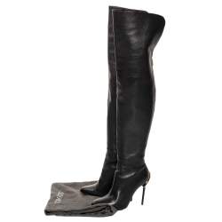 Pre Owned Tom Ford Black Leather Over the Knee Zipper Embellished Heel Boots Size 38